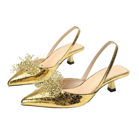Gold Party Gala Pumps Women′s Slingback Kitten Heel Buckle Strap Dress Shoes 